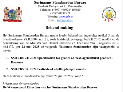 Kennisgeving vaststelling Nationale Standaarden voor Bacove en Pesticide