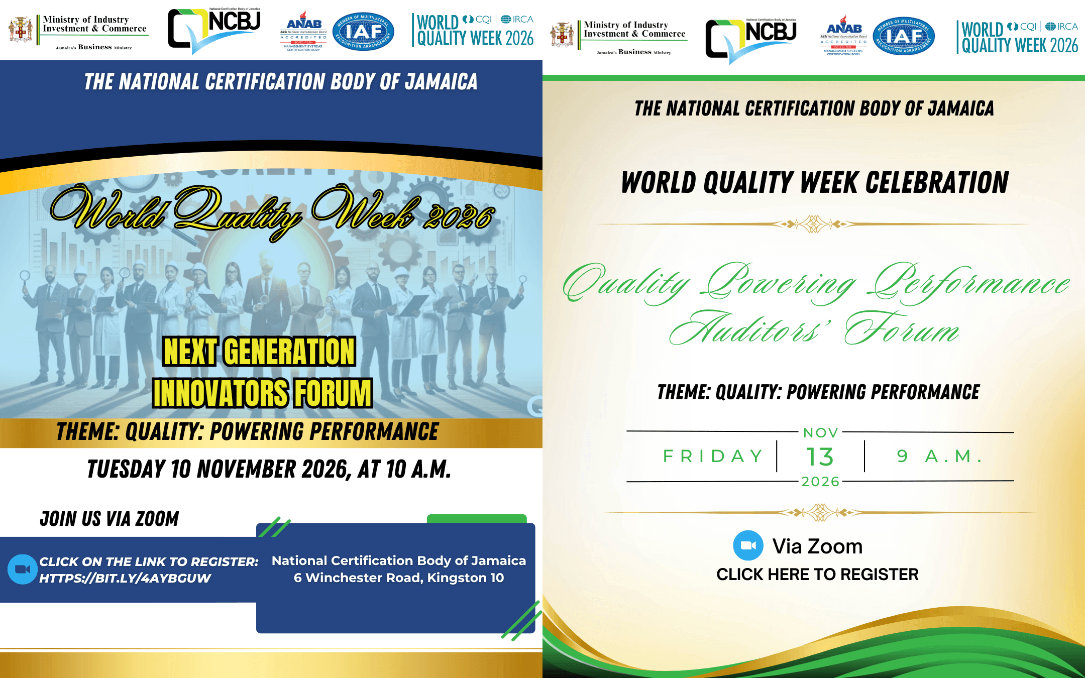 Uitnodiging voor World Quality Week evenementen georganiseerd door de National Certification Body of Jamaica (NCBJ)
